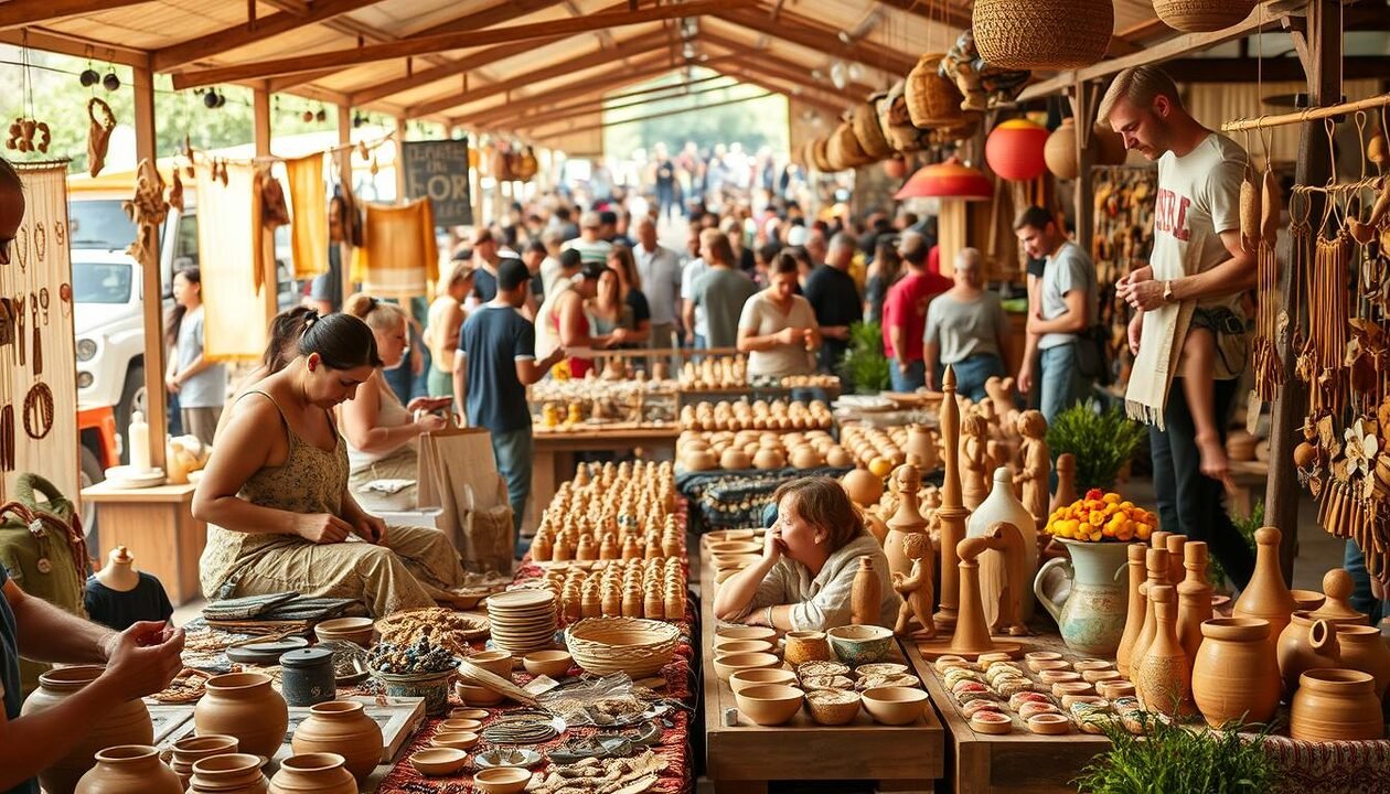 A bustling marketplace filled with handcrafted wares and lively artisanal demonstrations. In the foreground, artisans skillfully shape clay, weave textiles, and carve intricate wooden figurines, showcasing their talents. Vibrant displays of jewelry, ceramics, and local produce create a visually captivating middle ground. In the background, a crowd of engaged attendees explores the various stalls, immersed in the energetic atmosphere of the open-air event. Warm, natural lighting casts a soft glow, enhancing the organic, tactile qualities of the handmade items. The scene evokes a sense of community, creativity, and the celebration of local craftsmanship.