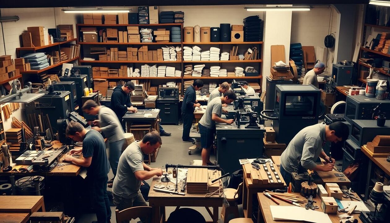 A bustling workshop scene showcasing the local fabrication and production of goods. In the foreground, skilled artisans work diligently at their workbenches, wielding tools and shaping raw materials into finished products. The middle ground reveals a diverse array of machinery, from traditional presses to modern 3D printers, all humming with activity. In the background, shelves brimming with finished wares and supplies create a sense of the thriving ecosystem of local enterprise. Warm, diffused lighting casts a glow over the scene, capturing the dedication and creativity of the Montreuil community. The overall atmosphere conveys a vibrant, collaborative environment where innovation and craftsmanship converge.