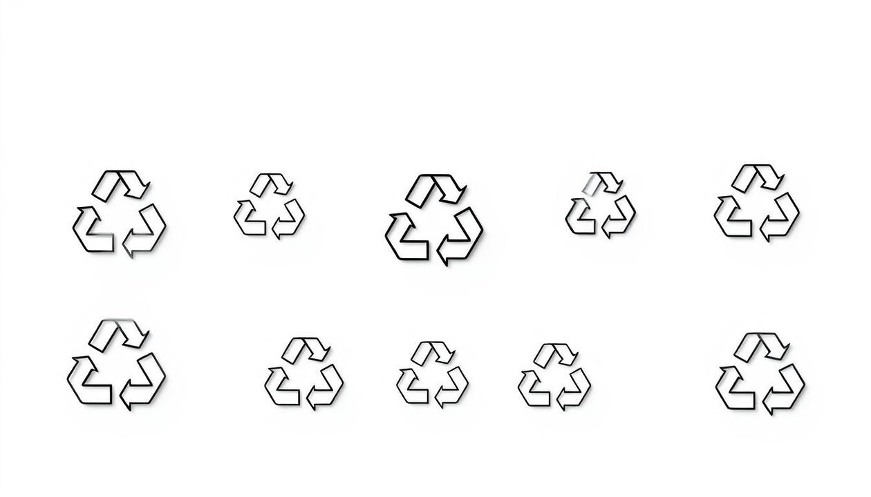 A collection of distinct plastic recycling symbols, meticulously rendered against a clean, minimalist background. The symbols - including the well-known "chasing arrows" and numerical identifiers - are presented with crisp, high-contrast lines and subtle gradients, capturing their utilitarian aesthetic. The arrangement is balanced and symmetrical, allowing each symbol to stand out clearly. Lighting is soft and even, accentuating the simplicity and clarity of the design. The overall tone is informative and educational, reflecting the practical purpose of these symbols in guiding consumers on recyclable plastic packaging.