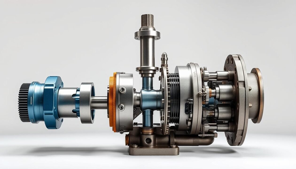 A detailed, high-resolution image of the assembled water pump body, showcased in a clean, well-lit studio setting. The pump components are meticulously arranged, with the cylinder, piston, and valves clearly visible. The lighting is soft and diffused, highlighting the intricate mechanical details. The camera angle is slightly elevated, providing a comprehensive view of the assembly process. The overall mood is one of technical precision and instructional clarity, conveying the step-by-step nature of the water pump construction tutorial.