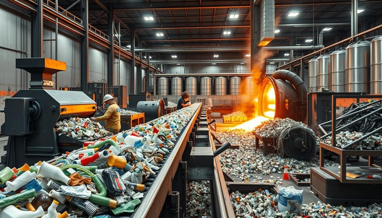 A detailed, industrial scene depicting the recycling process of plastic. In the foreground, a conveyor belt transports various plastic items towards a large mechanical shredder. Nearby, workers in protective gear sort and inspect the plastic waste. In the middle ground, the shredded plastic is melted in a high-temperature furnace, its flames casting a warm glow. In the background, rows of large storage silos and processing machinery suggest a comprehensive recycling facility. The lighting is stark and functional, emphasizing the technical nature of the process. The overall atmosphere conveys the efficient, systematic approach to plastic recycling.