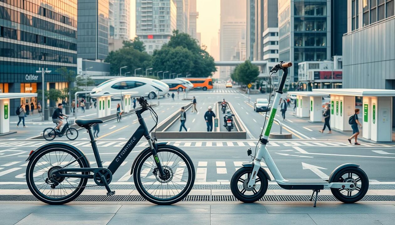 A modern, minimalist cityscape with a focus on sustainable mobility tools. In the foreground, a sleek electric bicycle and a lightweight foldable scooter stand side by side, their clean lines and vibrant colors accentuating their eco-friendly design. In the middle ground, a network of dedicated bike lanes and pedestrian walkways weave through the urban landscape, populated by commuters navigating the city via various modes of sustainable transport. In the background, futuristic-looking charging stations and storage hubs for shared mobility options, such as electric cars and e-bikes, create an integrated system to facilitate seamless, environmentally-conscious travel. The scene is bathed in warm, diffused lighting, conveying a sense of efficiency, innovation, and a progressive vision for urban ecomobility. Prompt