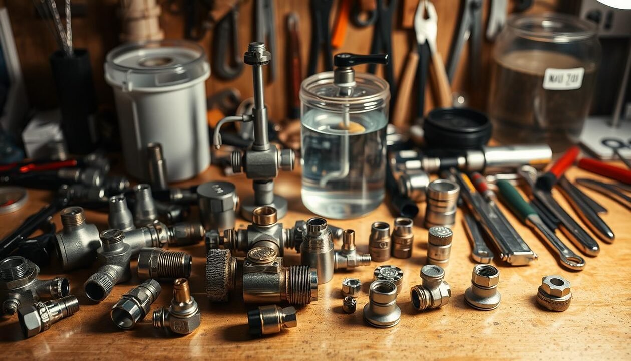 A neatly organized workbench showcases an assortment of materials for a homemade hydraulic system. In the foreground, various metal fittings, valves, and pipes lie arranged with precision. The middle ground features a sturdy hand pump and a transparent reservoir filled with clear liquid, hinting at the system's function. In the background, a selection of tools, including wrenches and pliers, suggests the hands-on nature of the project. The lighting is warm and directional, casting subtle shadows that emphasize the three-dimensional nature of the components. The overall atmosphere conveys a sense of focused DIY ingenuity, perfectly suited to illustrate the "Les matériaux nécessaires" section of the article on building a manual water pump.
