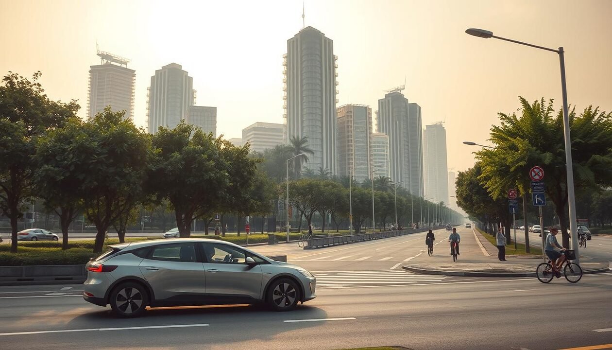 A serene cityscape set in the future, showcasing sustainable modes of transportation. In the foreground, a sleek electric vehicle glides silently along a tree-lined boulevard, its occupants enjoying the urban landscape. In the middle ground, pedestrians and cyclists navigate dedicated lanes, their movements facilitated by intelligent infrastructure. In the background, towering skyscrapers adorned with solar panels and greenery rise into a hazy, golden-hued sky, radiating a sense of environmental harmony. The scene is bathed in soft, diffused lighting, evoking a tranquil, forward-thinking atmosphere that captures the essence of a sustainable mobility future.