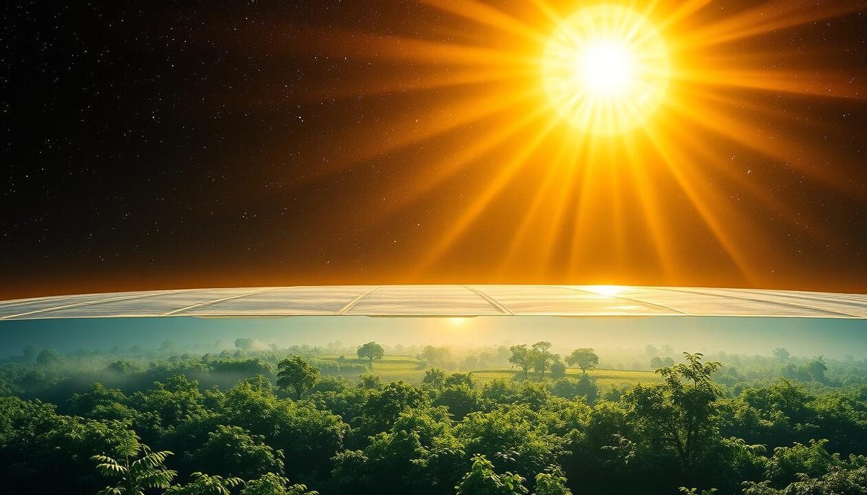 A stunning solar landscape depicting the greenhouse effect mechanism. In the foreground, a vibrant sun radiates warm, golden light, its rays beaming down upon a lush, verdant Earth. In the middle ground, atmospheric layers of gases trap this radiant energy, creating a cozy greenhouse-like environment. The background showcases a serene, starry night sky, highlighting the delicate balance of our planet's climate system. The scene is captured through a wide-angle lens, emphasizing the grandeur and interconnectedness of these natural processes. The overall mood is one of enlightenment and wonder, inviting the viewer to better understand the visual intricacies of the greenhouse effect.