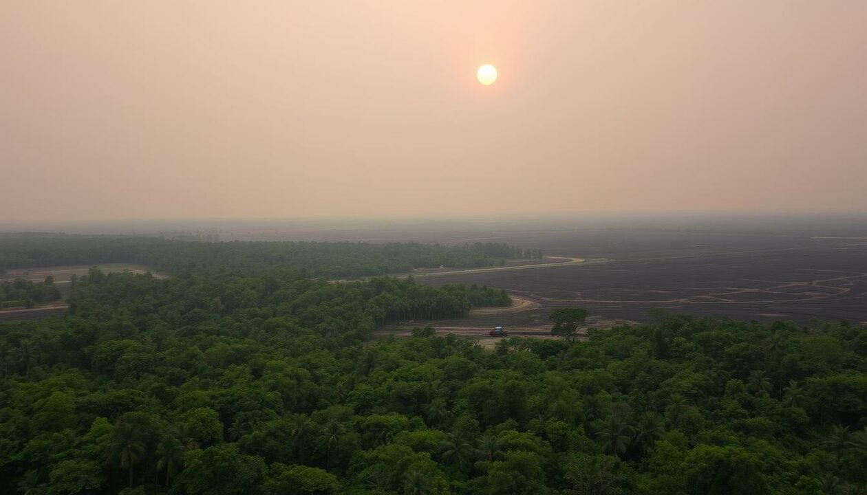 A vast, lush forest in the foreground, its verdant canopy gradually thinning towards the horizon, revealing vast swathes of barren, scorched earth. In the middle ground, heavy machinery and deforestation crews systematically clear the land, leaving a trail of destruction in their wake. The sky above is hazy and ominous, tinged with the amber glow of a setting sun, casting a somber, foreboding atmosphere. The scene conveys the devastating impact of unchecked deforestation, the delicate balance of nature disrupted, and the urgent need to address this pressing environmental crisis.