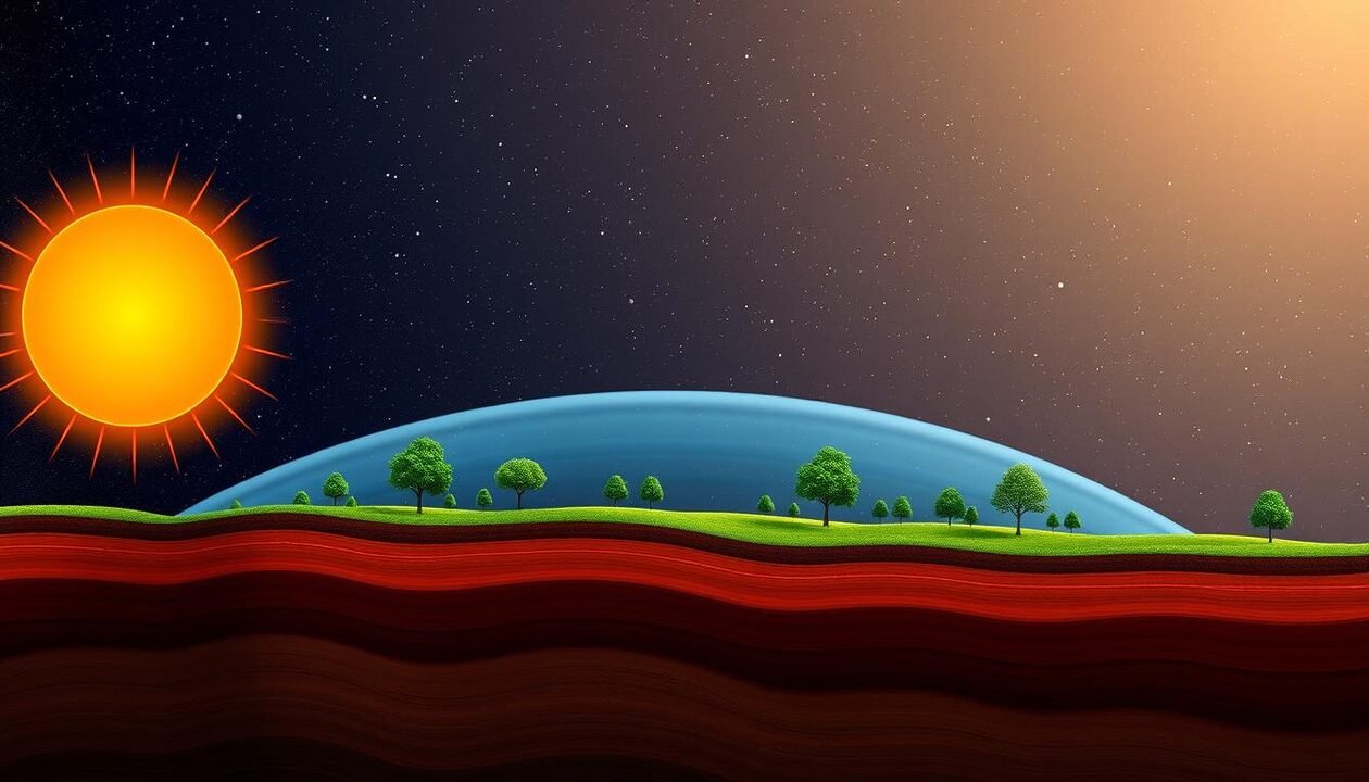 A visually striking schematic illustration of the greenhouse effect, depicting a cross-section of the Earth's atmosphere. In the foreground, a vibrant sun emits rays of warm light that strike the planet's surface. The middle ground shows a layer of greenhouse gases, such as carbon dioxide and methane, trapping the infrared radiation and preventing it from escaping into space. The background features a clear, starry night sky, emphasizing the contrast between the Earth's heat retention and the cold vastness of the universe. The scene is rendered with a realistic, scientific style, using a combination of natural textures, soft lighting, and precise technical details to convey the underlying physics of the greenhouse effect.