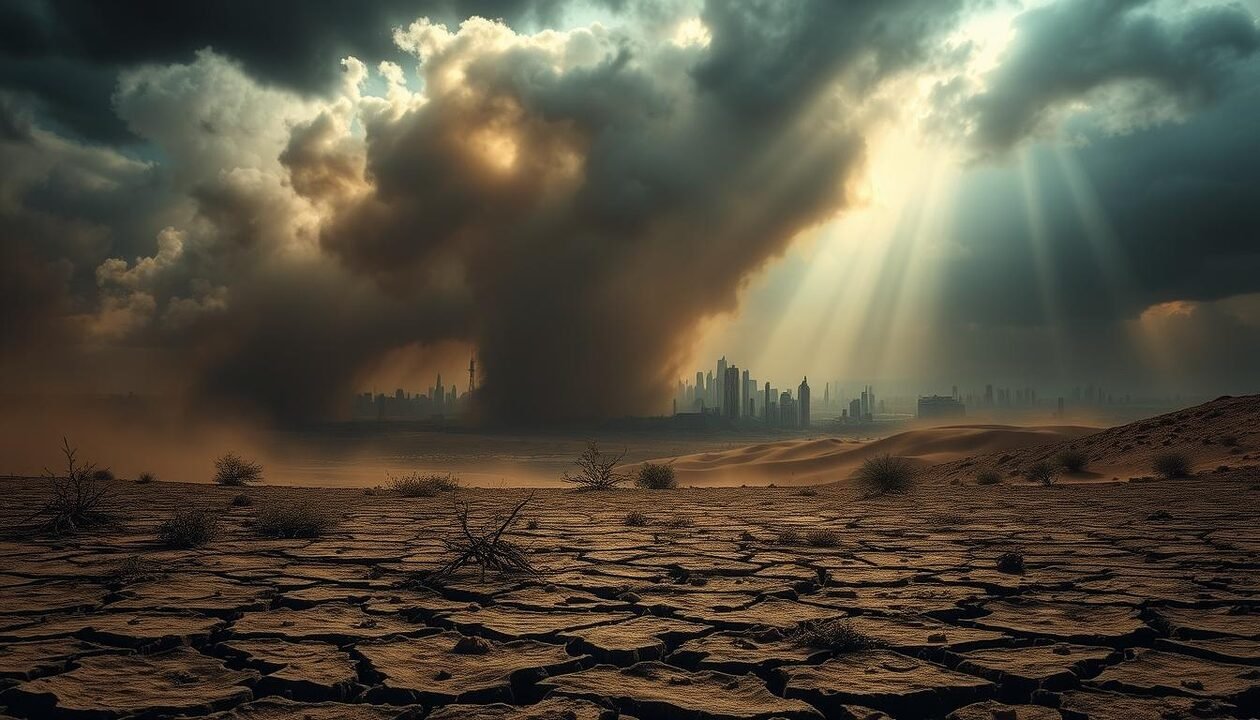 Dramatic landscape depicting the consequences of climate change. In the foreground, a parched, cracked earth with withered vegetation. A towering dust storm swirls in the middle ground, obscuring a devastated cityscape. In the background, ominous dark clouds loom, hinting at intense weather events. Beams of sunlight pierce through, casting an eerie, apocalyptic glow. The scene conveys a sense of desolation and despair, underscoring the urgent need to address the global environmental crisis. Cinematic lighting, high-contrast rendering, and a surreal, unsettling atmosphere.