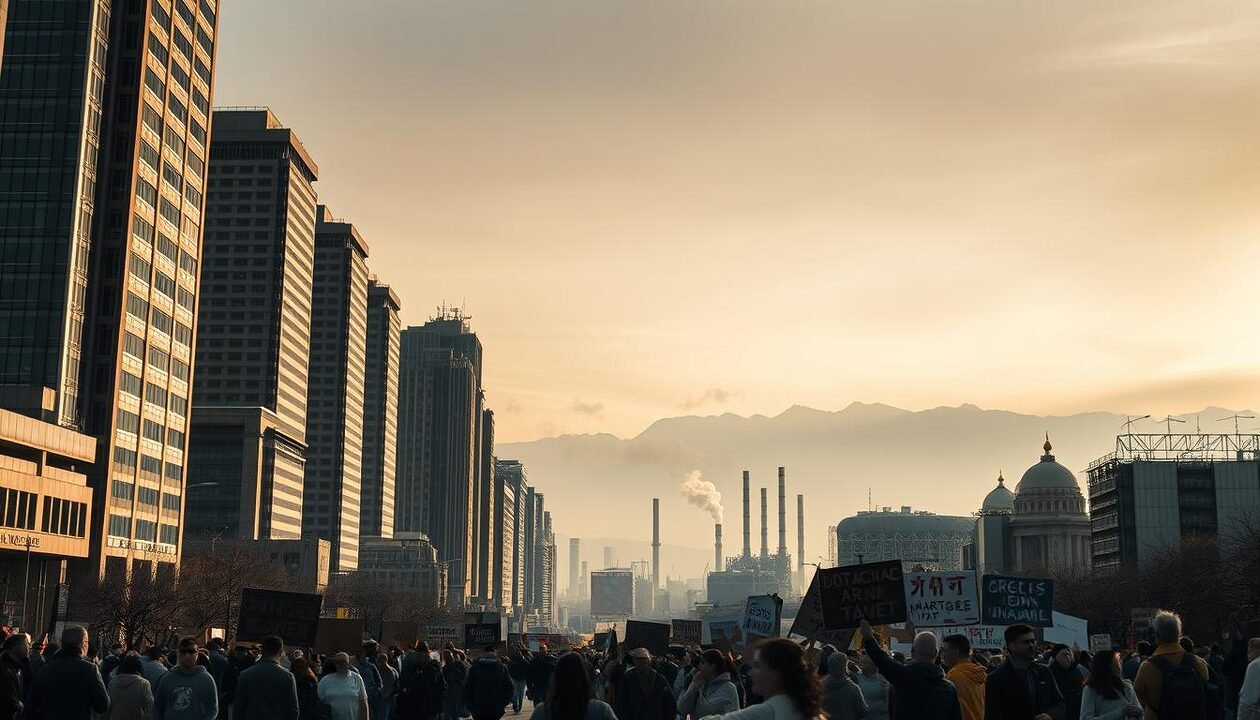 A bustling cityscape, where towering skyscrapers cast long shadows on the streets below. In the foreground, a group of protesters march, carrying banners and signs decrying the environmental degradation caused by industrial pollution. The middle ground reveals a hazy, smog-filled sky, tinted with shades of gray and ochre, as factories belch thick plumes of smoke into the air. In the background, a majestic mountain range stands as a silent witness, its peaks partially obscured by the haze. The scene conveys a sense of urgency and determination, as the community comes together to fight for a cleaner, healthier planet. Dramatic lighting and a cinematic angle lend a powerful, impactful tone to the image.