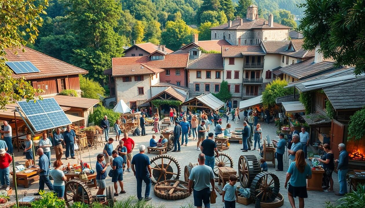 A bustling town square in a lush, verdant setting, illuminated by warm natural lighting. In the foreground, a diverse array of low-tech devices and contraptions - solar panels, wind turbines, water wheels, and hand-powered machines. People of all ages interact with these sustainable technologies, demonstrating their functionality and environmental benefits. In the middle ground, traditional artisanal workshops and cottage industries thrive, showcasing handmade crafts and locally-sourced materials. The background features a mix of historic and modern architecture, blending old-world charm with innovative low-tech solutions. An atmosphere of community, self-reliance, and environmental stewardship permeates the scene, capturing the spirit of "La Low-Tech dans le monde."