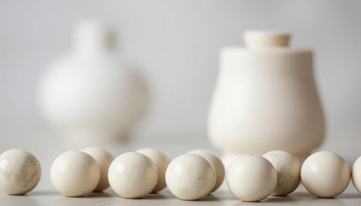 A close-up shot of several ceramic water purifier beads arranged in the foreground. The beads have a smooth, glazed surface and a soft, muted color palette ranging from off-white to light gray. The middle ground features a blurred backdrop of a simple, clean-lined ceramic water filter housing, suggesting the practical application of these purifier beads. The lighting is soft and diffused, highlighting the subtle textures and reflective qualities of the ceramic material. The overall mood is serene, highlighting the natural, minimalist design of these purifier beads as an effective, elegant solution for water filtration.