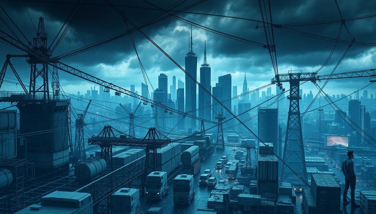 A complex web of interconnected challenges facing modern enterprises, depicted in a detailed, realistic style. In the foreground, a jumble of obstacles - outdated infrastructure, regulatory hurdles, supply chain disruptions - cast long shadows across a bustling urban landscape. In the middle ground, corporate leaders grapple with difficult decisions, their expressions tense with concern. The background reveals the daunting scale of these issues, with towering skyscrapers and a clouded, uncertain sky suggesting the global scale of the challenges. The scene is lit by a cool, almost ominous lighting, creating a sense of unease and the weight of responsibility resting on the shoulders of businesses. Angles are dynamic, drawing the viewer's eye through the layered complexities of the modern corporate world.