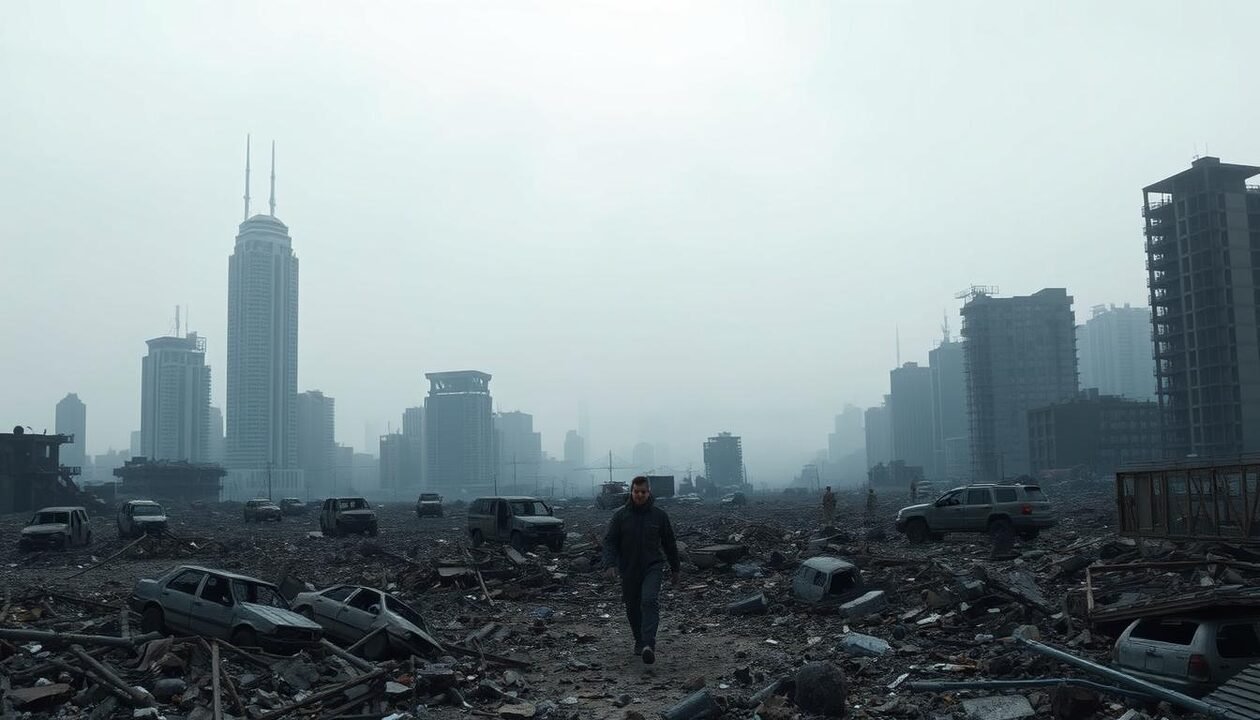 A desolate landscape of crumbling cities, abandoned skyscrapers, and vast, empty streets. In the foreground, a lone figure navigates the rubble, their expression somber and weary. The sky is a hazy, ominous grey, casting an eerie, low-key lighting that heightens the sense of despair. Broken-down vehicles litter the background, while the distant horizon is obscured by the remnants of a once-thriving civilization. The scene conveys a sense of profound loss, the inevitable collapse of the social order, and the fragility of human progress in the face of unseen forces.