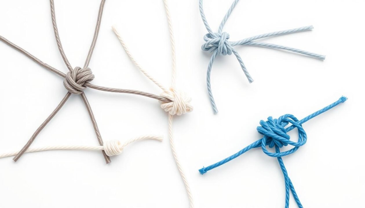 A detailed close-up of various knots and ties made from plastic string or cord, suitable for use in recycling plastic bottles. The knots are arranged on a plain white background, with soft, even lighting to highlight their intricate textures and forms. The knots are well-defined, showing a range of complexity from simple overhand knots to more elaborate variations. The composition emphasizes the versatility and adaptability of plastic materials, conveying a sense of functionality and DIY ingenuity for repurposing common household waste.