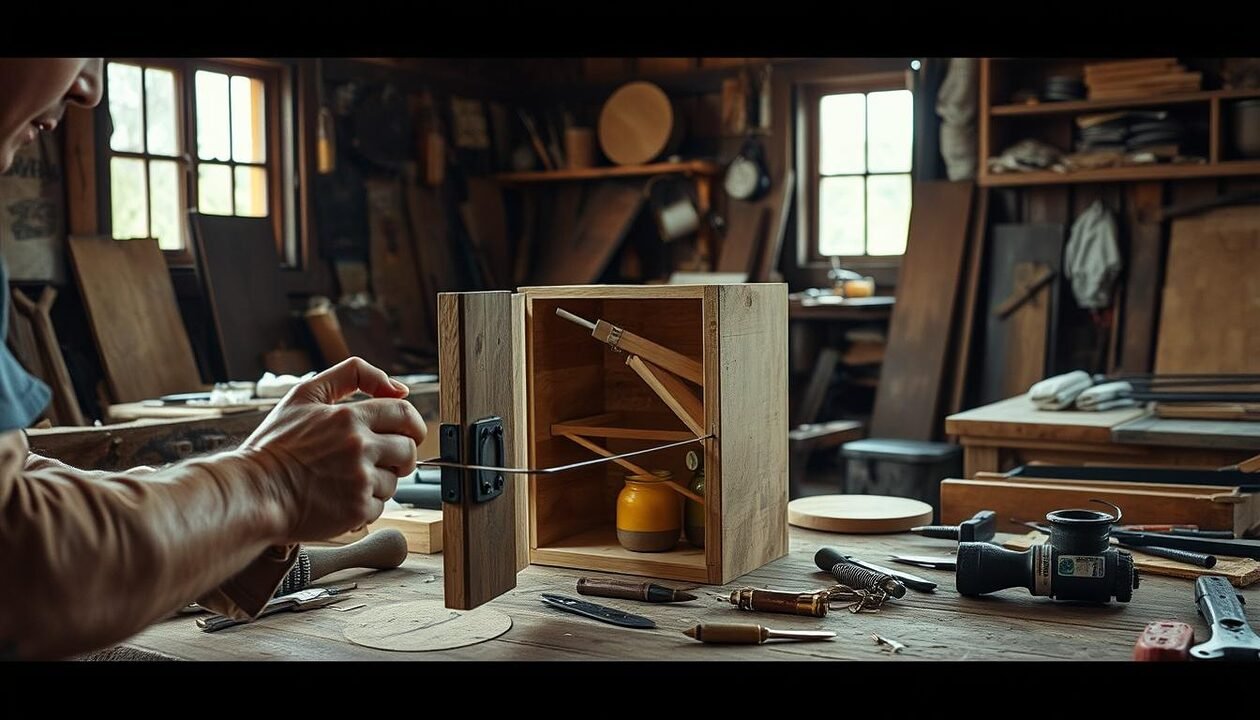 A detailed, step-by-step workshop scene showcasing the construction of a low-tech refrigerator. In the foreground, a skilled craftsperson assembles the key components, their hands meticulously shaping the wood, metal, and insulating materials. The middle ground reveals the various tools and materials laid out, each with a purpose in the intricate process. In the background, a rustic, well-lit workshop setting, with natural light filtering in through windows, casting warm shadows on the scene. The overall mood is one of focused, hands-on creativity, reflecting the self-reliant spirit of the low-tech refrigerator project.