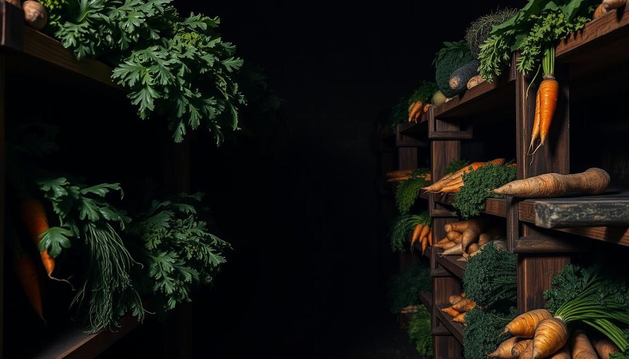 A dimly lit, damp cellar interior with rows of rustic wooden shelves housing an assortment of freshly harvested vegetables. Glistening water droplets cling to the leaves of leafy greens, carrots, and other root vegetables, creating a sense of cool, humid atmosphere. Soft, diffused lighting casts long shadows, emphasizing the depth and textures of the scene. The shelves are arranged haphazardly, adding to the impression of a functional, low-tech storage space. The overall mood is one of tranquility, preservation, and a connection to the natural world.