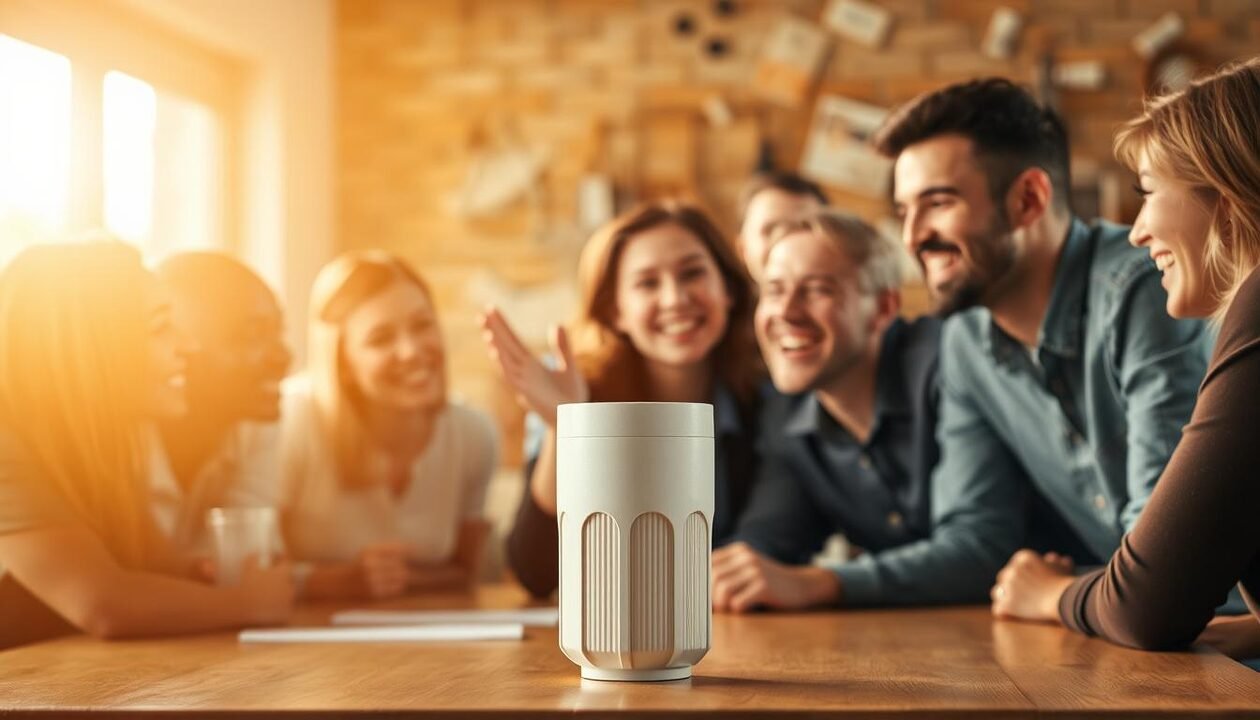 A group of people gathered around a table, smiling and engaged in a lively discussion. The warm, natural lighting illuminates their faces, creating a sense of warmth and positivity. In the foreground, a person is enthusiastically gesturing, their expression conveying a sense of satisfaction and contentment. The middle ground features a ceramic water filter, its sleek design and natural material evoking a feeling of simplicity and efficiency. The background is softly blurred, creating a focus on the central scene and the positive experiences it represents. The overall atmosphere is one of camaraderie, productivity, and the satisfaction of using a reliable and effective product.