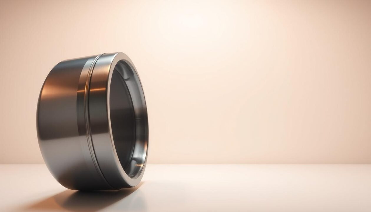 A highly detailed, photorealistic image of a washing machine drum, also known as a "tambour de machine à laver" in French. The drum is positioned in the foreground, its metallic surface gleaming under warm, directional lighting that casts subtle shadows. The middle ground features a clean, minimalist white background, allowing the drum to be the focal point. The overall mood is one of precision, functionality, and industrial design, conveying the technical nature of the materials required to construct a bicycle washing machine.
