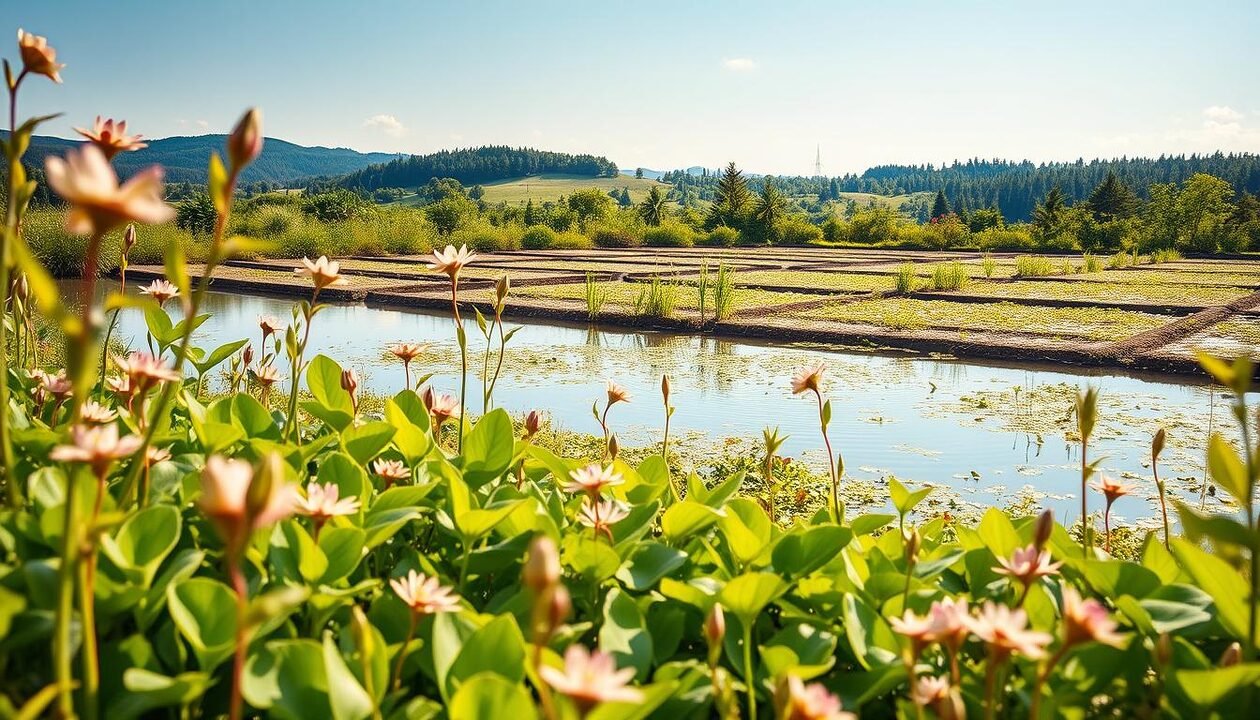 A lush, verdant garden of aquatic plants and flowers, their delicate leaves and petals gently swaying in the soft breeze. In the foreground, a tranquil pond reflects the clear sky above, its surface disturbed only by the rhythmic movement of aquatic life. The middle ground features a series of constructed wetlands, their natural filtration systems purifying water through the intricate network of roots and microorganisms. In the background, a serene landscape of rolling hills and dense forests, creating a harmonious, natural setting. The scene is bathed in warm, golden light, casting a serene and calming atmosphere. The overall composition conveys the beauty and effectiveness of phytoépuration, a natural water treatment system.