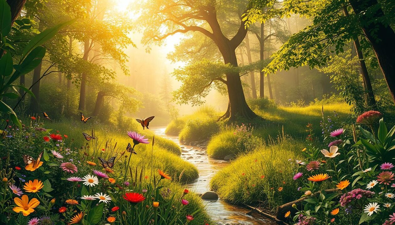 A lush, vibrant ecosystem thrives in a secluded forest glade, bathed in warm, golden sunlight that filters through the verdant canopy above. In the foreground, a diverse array of flora and fauna coexist in harmonious balance - a riot of colors, shapes, and textures that celebrate the richness of biodiversity. Butterflies flit among the delicate wildflowers, while birds chirp melodiously from the branches of towering trees. In the middle ground, a babbling brook winds its way through the undergrowth, its crystal-clear waters reflecting the verdant surroundings. The background gradually fades into a hazy, atmospheric distance, conveying a sense of depth and mystery. This scene embodies the natural beauty and interconnectedness that is threatened by the consequences of climate change.