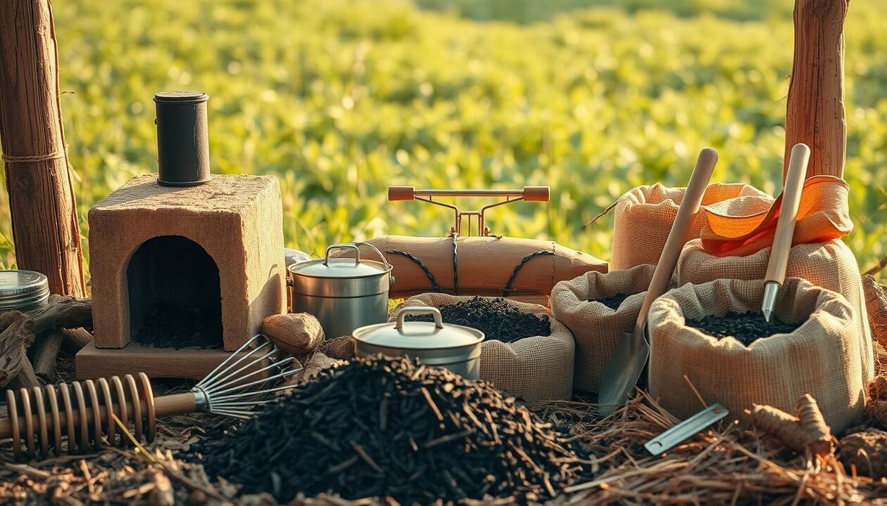 A rustic, handcrafted scene depicting the practical aspects of biochar production and utilization. In the foreground, an array of tools and materials used in the biochar-making process, such as a small kiln, a rake, and sacks of charred biomass. The middle ground showcases a simple, step-by-step demonstration of the biochar fabrication method, with thoughtfully arranged items like a log, a metal container, and a shovel. The background features a lush, verdant landscape, hinting at the sustainable and eco-friendly nature of the biochar endeavor. Warm, natural lighting casts a soft glow over the scene, creating an inviting and educational atmosphere. The overall composition conveys a sense of practicality, knowledge, and environmental consciousness.