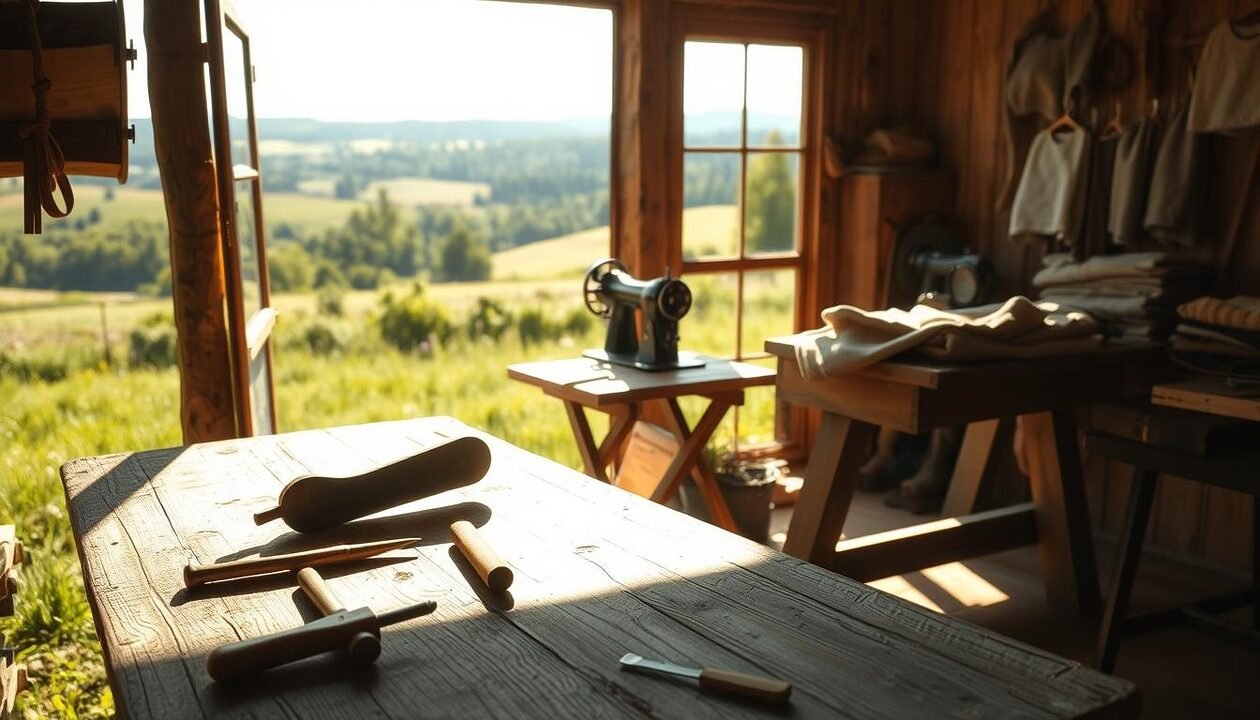 A serene, low-tech workshop nestled in a sun-dappled meadow. In the foreground, a weathered workbench holds an array of simple hand tools - a handsaw, a chisel, a hammer. Sunlight filters through the open windows, casting warm, soft shadows across the wooden surfaces. In the middle ground, a vintage sewing machine and a collection of fabrics in earthy, muted tones sit atop a well-worn table. The background reveals a lush, verdant landscape, with rolling hills and a distant forest, conveying a sense of tranquility and harmony with nature. The overall atmosphere exudes a quiet, contemplative energy, reflecting the thoughtful, sustainable philosophy of the designer.