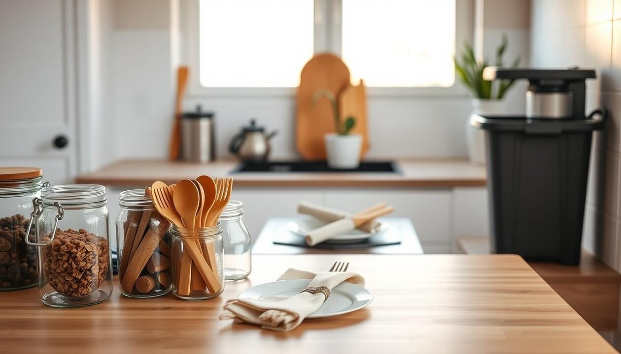 A serene, minimalist kitchen counter showcasing the principles of zero waste. In the foreground, an array of reusable glass jars, bamboo utensils, and a compost bin. The middle ground features a simple, elegant table setting with a linen napkin and a potted plant. The background is bathed in warm, natural lighting, highlighting the clean, uncluttered space. The overall atmosphere evokes a sense of tranquility and a commitment to sustainable living.
