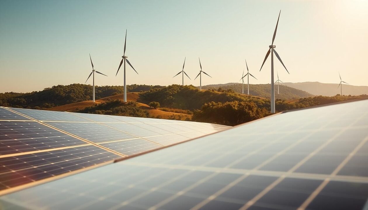 A serene, sun-drenched landscape showcasing the harmonious integration of renewable energy solutions. In the foreground, sleek solar panels glisten under a warm, golden light, their efficient design elegantly blending with the natural surroundings. In the middle ground, towering wind turbines gracefully slice through the air, their blades spinning with a gentle, rhythmic motion. Further in the distance, undulating hills are dotted with lush, verdant foliage, creating a picturesque backdrop that evokes a sense of environmental balance and sustainability. The overall scene radiates a sense of hope and possibility, suggesting a future where clean, renewable energies have become an integral part of the natural world.