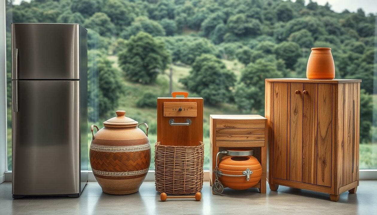 A side-by-side comparison of traditional refrigerators and low-tech cooling alternatives. In the foreground, a modern steel-paneled fridge stands alongside a rustic earthenware pot and a woven grass basket, both used for food preservation without electricity. The middle ground features a well-insulated wooden icebox and a terracotta water-cooled cabinet, showcasing the diversity of low-tech cooling methods. The background depicts a lush, verdant landscape, hinting at the natural inspiration behind these sustainable refrigeration solutions. The lighting is soft and natural, creating a serene, eco-friendly atmosphere that emphasizes the contrast between high-tech and low-tech cooling technologies.