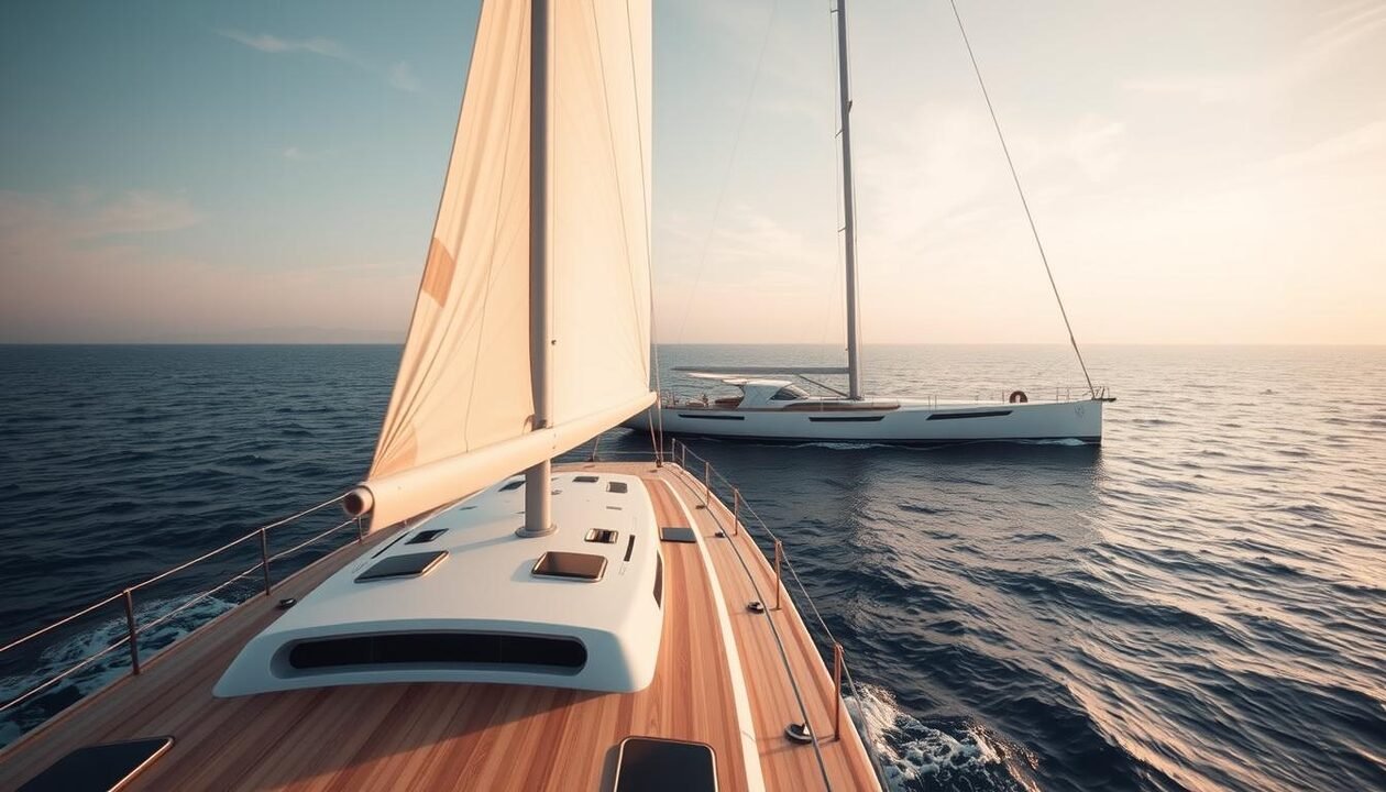 A sleek, seafaring vessel named "Nomade des Mers" glides gracefully across the open ocean, its sails billowing in the gentle breeze. The vessel's streamlined, low-tech design evokes a sense of adventure and exploration, reflecting the ethos of its creator, Caroline Pultz. In the foreground, the ship's deck is adorned with simple, functional elements, while the middle ground reveals the vessel's interior, showcasing the designer's commitment to sustainable, low-impact living. The background features a panoramic vista of the boundless sea and sky, evoking a sense of freedom and transformation. Soft, warm lighting bathes the scene, creating an atmosphere of serenity and contemplation, inviting the viewer to embark on a journey of discovery and personal growth.