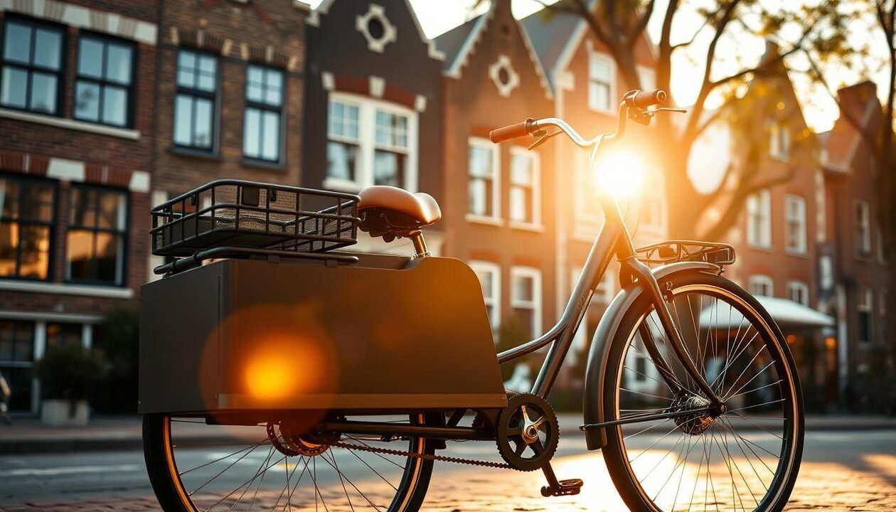 A sturdy and practical cargo bicycle stands firmly on a city street, its spacious front basket ready to carry a load. The sun casts warm, golden light across the scene, highlighting the smooth contours of the frame and the well-worn leather of the saddle. In the background, a row of quaint, brick buildings sets the stage for this urban transportation solution, conveying a sense of community and sustainable living. The bicycle's elegant design blends functionality and style, inviting the viewer to imagine the effortless, eco-friendly journeys it could facilitate through the city.