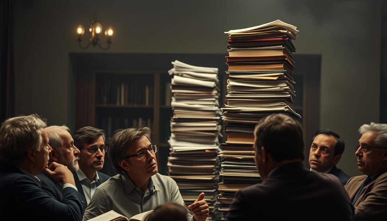 A thought-provoking scene depicting the nuanced critiques of the collapse theory. In the foreground, a group of intellectuals engaged in lively debate, their expressions pensive and intense. The middle ground features a towering stack of books and scholarly papers, representing the depth of research and academic discourse. In the background, a dimly lit room with a moody, atmospheric lighting, hinting at the gravity and complexity of the subject matter. The overall composition conveys a sense of intellectual rigor, weighty contemplation, and the ongoing dialogue surrounding the societal collapse narrative.