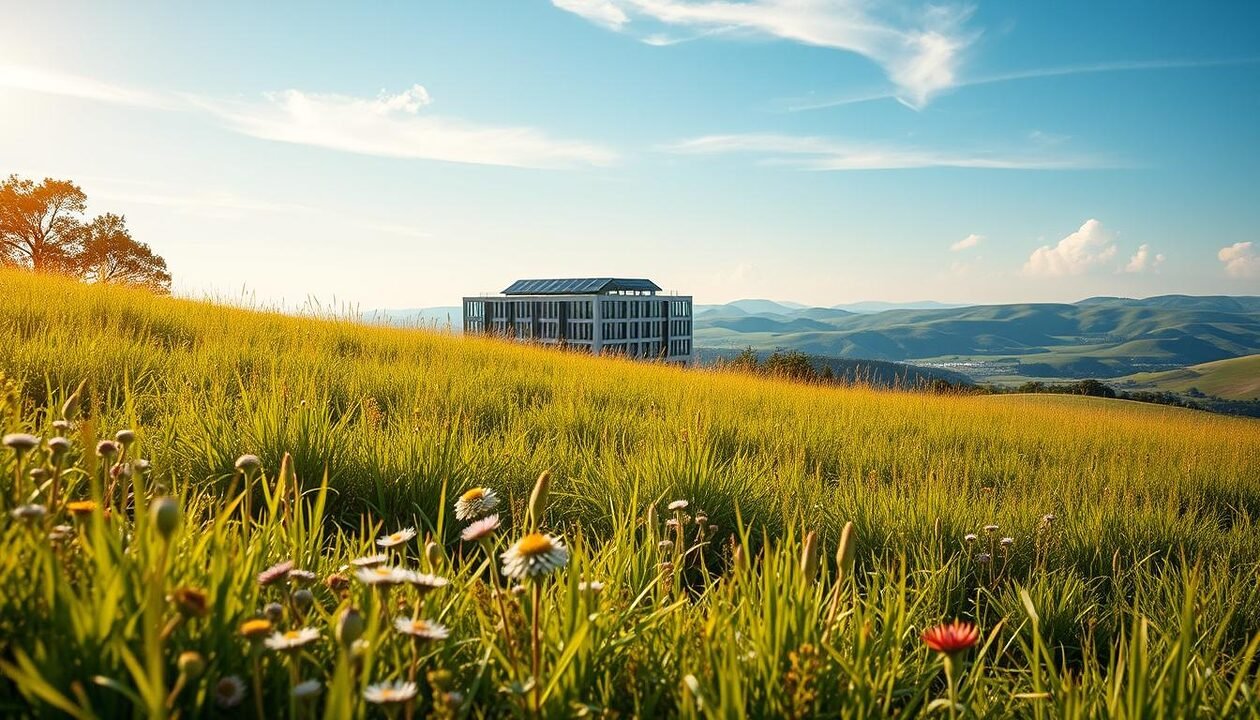 A tranquil landscape depicting the interplay between corporate social responsibility (RSE) and planetary boundaries. In the foreground, a lush green meadow dotted with wildflowers and flourishing wildlife. The middle ground features a modern, energy-efficient office building with solar panels on the roof, symbolizing the embrace of sustainable practices. In the background, a panoramic view of rolling hills and a clear blue sky, conveying a sense of balance and harmony between human activity and the natural environment. The scene is illuminated by warm, golden sunlight, creating a serene and contemplative atmosphere. Subtle, wispy clouds add depth and movement to the composition. The overall image evokes a vision of sustainable business operations that respect and coexist with the planet's delicate ecosystem.