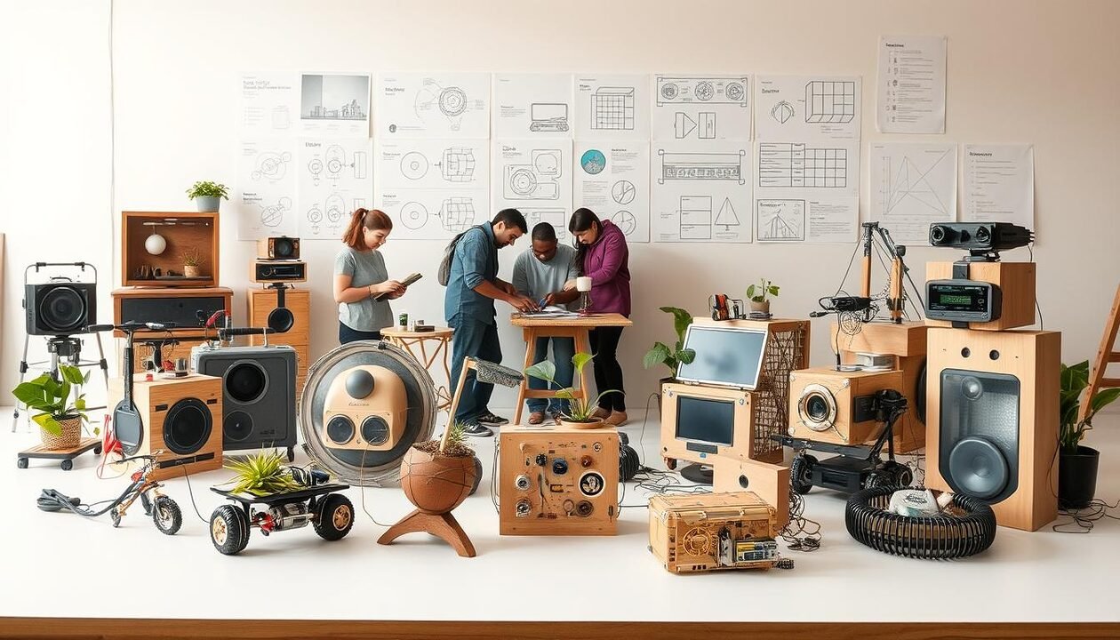 A vibrant tableau showcasing the flagship projects of the Low Tech Lab. In the foreground, an array of innovative, eco-friendly gadgets and devices stand out against a clean, minimalist backdrop. In the middle ground, a group of enthusiastic makers tinker with their creations, surrounded by a warm, natural lighting that accentuates the organic materials and handcrafted details. In the background, a series of schematic diagrams and technical illustrations provide context, hinting at the lab's commitment to open-source principles and DIY ethos. The overall composition exudes a sense of curiosity, creativity, and a dedication to sustainable, low-impact technology.