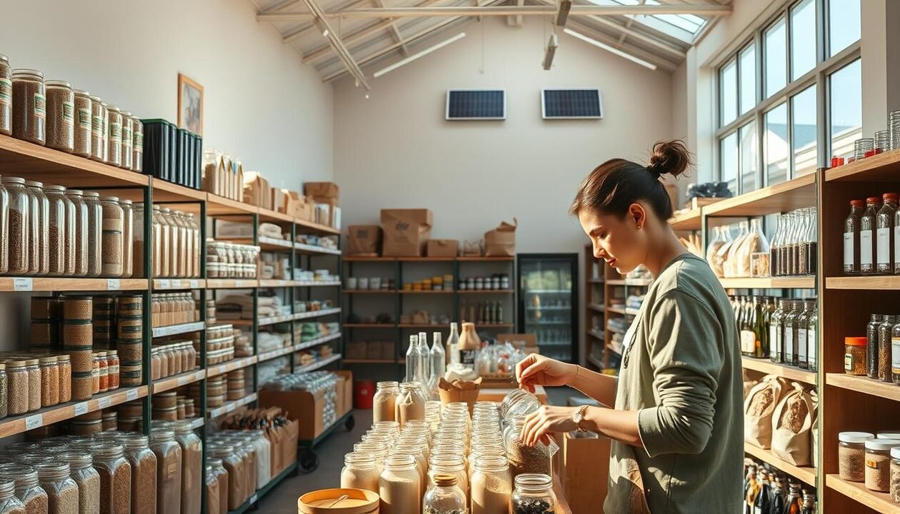 A well-lit, airy interior showcasing a bulk goods store. Shelves lining the walls are filled with an array of reusable containers, grains, spices, and other zero-waste provisions. Sunlight streams through large windows, illuminating the space and casting a warm, inviting glow. In the foreground, a customer carefully scoops sustainably sourced ingredients into their own jars, embodying the ethos of mindful, eco-friendly consumption. The middle ground features displays of reusable bags, glass bottles, and other eco-friendly alternatives to single-use plastics. The background subtly hints at the store's commitment to renewable energy, with solar panels visible on the roof. Overall, the scene conveys a sense of environmental consciousness, practical solutions, and a harmonious balance between modern living and sustainability.