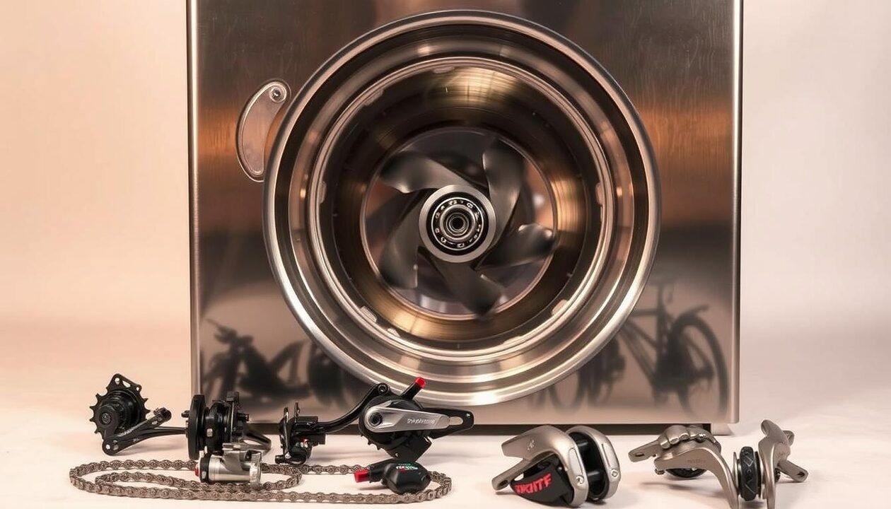 A well-lit, high-angle view of a modern, functional spin-drying machine designed for cleaning bicycle parts. The machine's stainless steel exterior gleams under warm studio lighting, its circular drum slowly spinning to extract excess water from recently washed components. Crisp shadows and reflections accentuate the machine's sleek, minimalist aesthetic. In the foreground, neatly organized bicycle parts, including a clean chain, derailleurs, and brake calipers, await their turn in the drying cycle. The background is a clean, white seamless backdrop, allowing the machine and its contents to be the sole focus. The overall scene conveys a sense of efficiency, cleanliness, and attention to detail - key considerations for maintaining a well-functioning bicycle.
