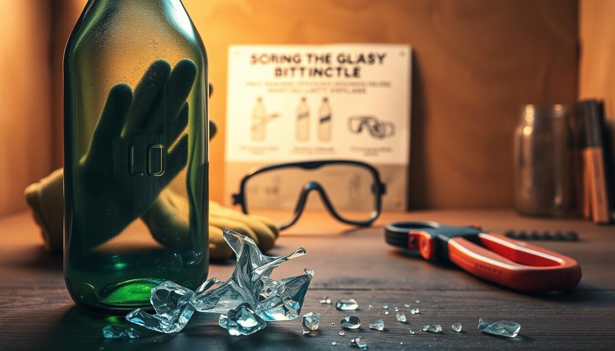 A well-lit, high-resolution image showcasing common mistakes to avoid during bottle cutting. In the foreground, a shattered glass bottle with jagged, uneven edges. In the middle ground, a set of safety tools - protective gloves, goggles, and a glass cutter. In the background, a step-by-step visual guide demonstrating proper cutting techniques, such as scoring the glass and applying even pressure. The scene is bathed in a soft, warm lighting, creating a sense of caution and attention to detail. The overall atmosphere conveys the importance of safety and precision when upcycling plastic bottles.