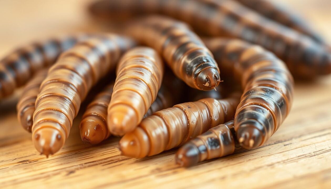 A close-up, high-resolution photograph of several mealworms (Tenebrio molitor), also known as "vers de farine" in French, resting on a wooden surface. The worms are shown in natural lighting, with a shallow depth of field that gently blurs the background. The texture and details of the worms' bodies are clearly visible, highlighting their nutritional value. The image conveys a sense of curiosity and appreciation for these sustainable, protein-rich insects, aligning with the article's focus on the nutritional benefits of mealworms.
