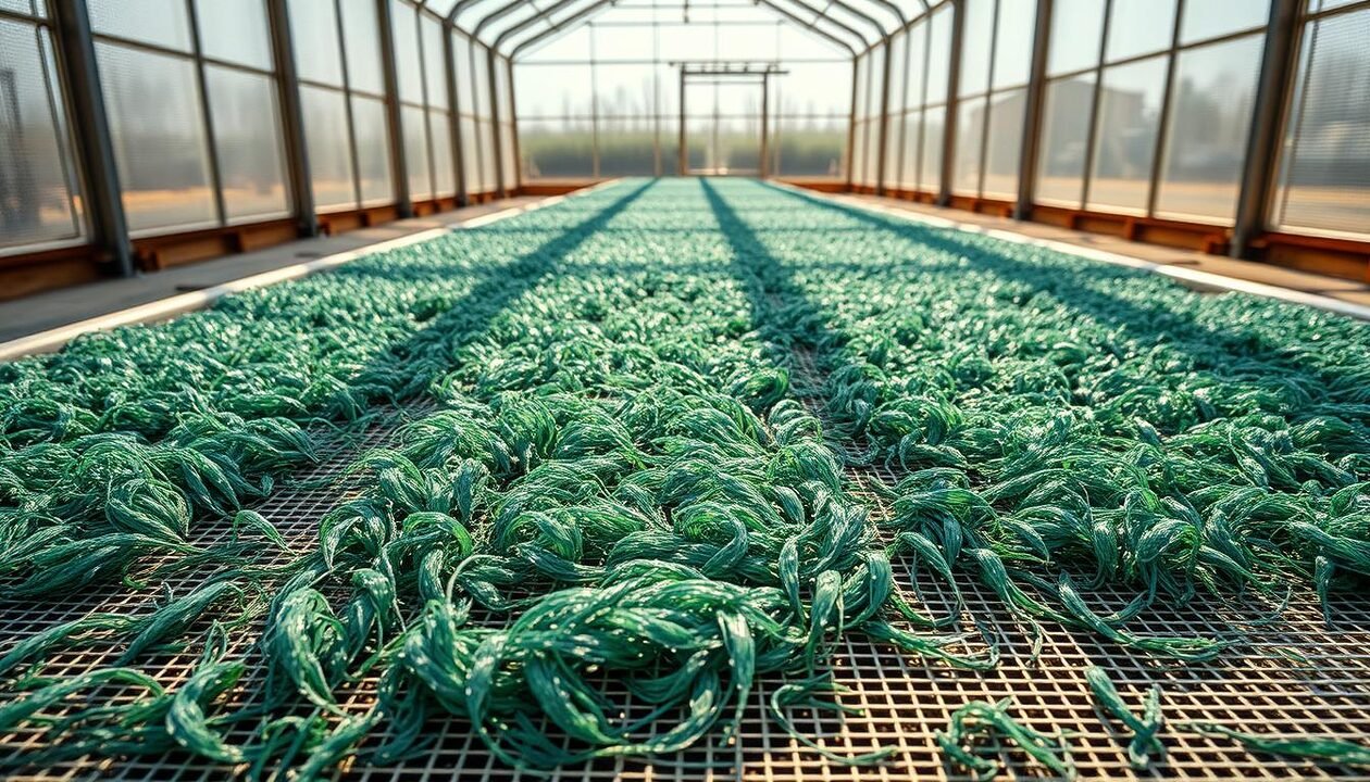 A close-up shot of freshly harvested spirulina algae being carefully spread out on a stainless steel mesh tray for sun-drying. The delicate blue-green filaments glisten in the warm, golden sunlight, gradually losing moisture as a gentle breeze ripples across the surface. The tray is positioned on a wooden platform, surrounded by a minimalist, industrial-style greenhouse structure with clean lines and large windows, allowing optimal natural lighting. The overall atmosphere is one of tranquility and attentive care, reflecting the meticulous nature of the spirulina drying process.