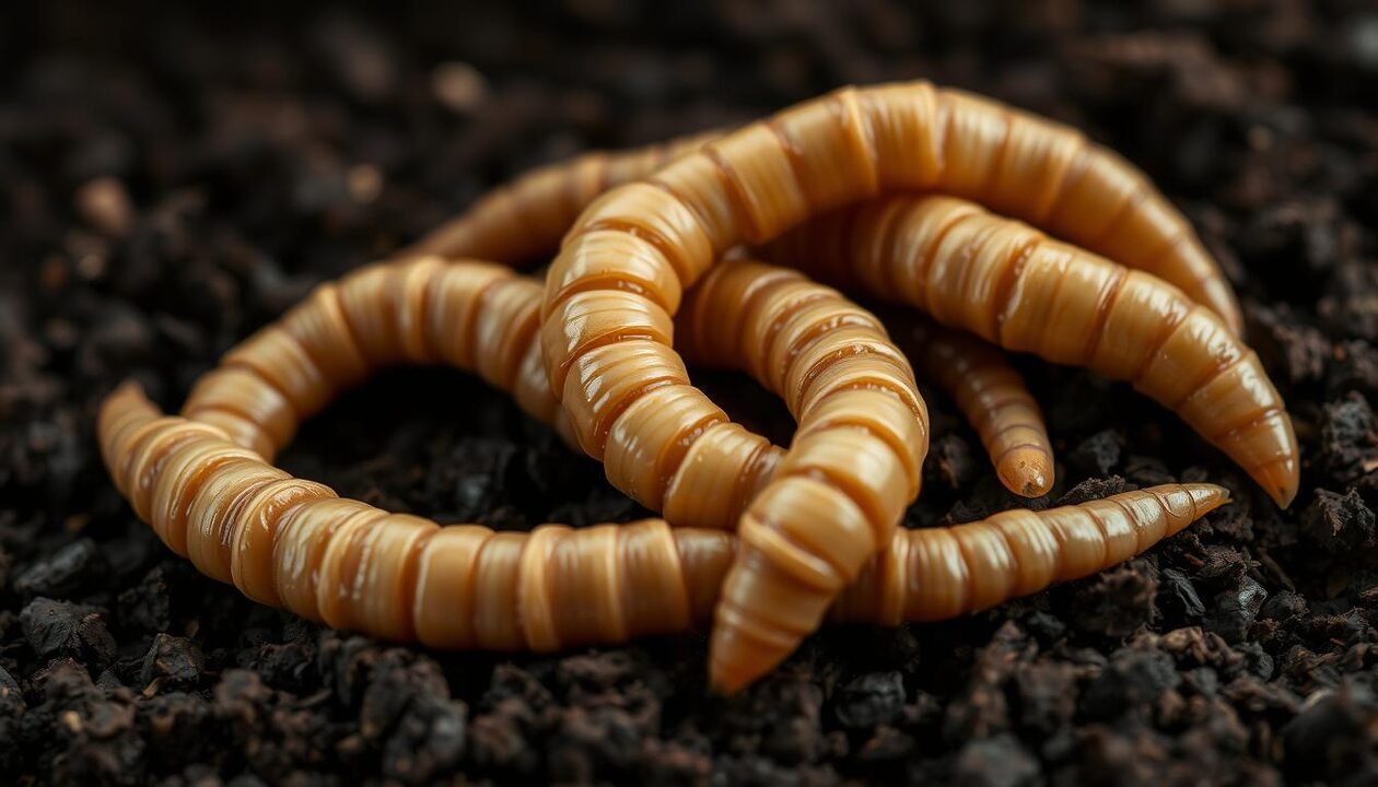 A close-up shot of several plump, golden-brown mealworms (Tenebrio molitor) resting on a bed of dark, crumbly soil. The worms are slightly curled, their segmented bodies glistening with a subtle sheen. The lighting is soft and diffused, casting gentle shadows that accentuate the worms' texture and form. The background is blurred, creating a sense of focus and emphasis on the main subject. The overall mood is one of natural, earthy curiosity, inviting the viewer to consider the nutritional and culinary potential of these humble insects.