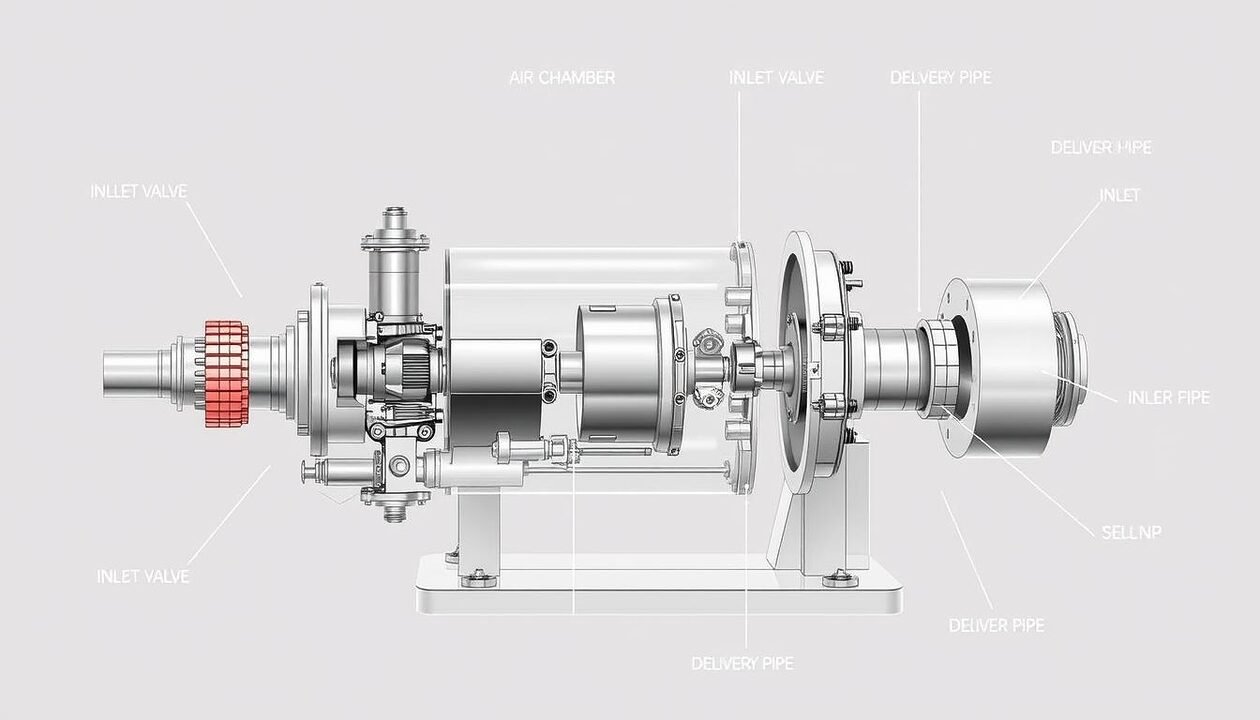A detailed cross-section diagram of a hydraulic ram pump, showcasing its inner workings and construction. The pump is depicted with precision engineering, highlighting the intricate mechanisms and components that drive its operation. The image features a cutaway view, revealing the inlet valve, air chamber, and delivery pipe in a clear and informative manner. The scene is rendered with a technical, industrial aesthetic, using a neutral color palette and precise, technical linework to convey the subject's functional nature. Careful attention is paid to the proportions and scale of the various parts, providing a comprehensive understanding of the pump's fabrication and design.