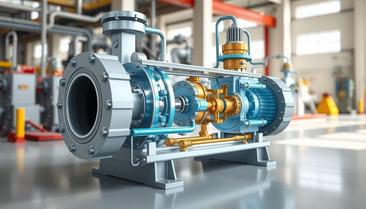 A detailed cross-sectional diagram of a hydraulic ram pump, showcasing its key components and inner workings. The pump is depicted in a bright, well-lit industrial setting, with a clean, technical aesthetic. The foreground features the pump's casing, valves, and water flow pathways in sharp focus, while the background includes supporting equipment and infrastructure. The overall composition emphasizes the pump's mechanical precision and efficiency, conveying the essential technical details required for dimensioning and calculating a hydraulic ram pump system.