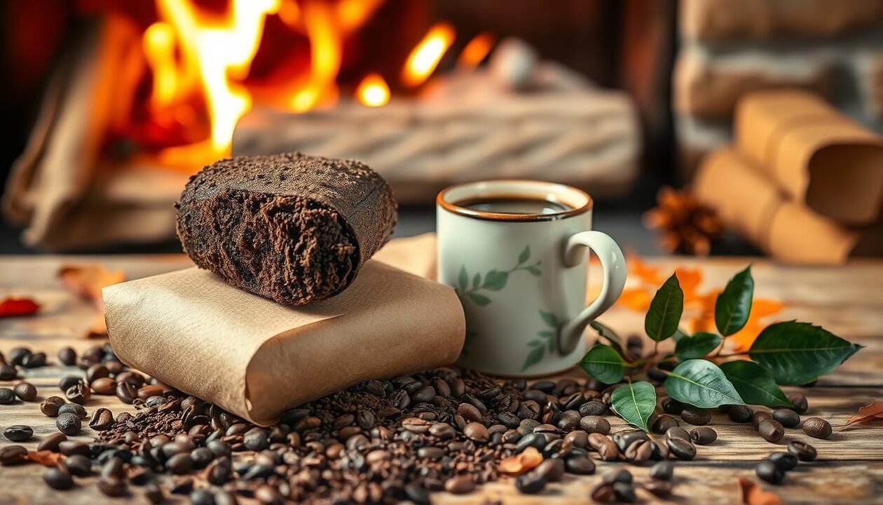 A detailed still life scene depicting the environmental benefits of coffee grounds as a sustainable material for making Yule logs. In the foreground, a rustic hand-crafted Yule log made from compacted coffee grounds sits atop a recycled paper towel roll, surrounded by freshly brewed coffee in a vintage ceramic mug. The middle ground features scattered coffee beans, fallen leaves, and a sprig of holly, conveying a sense of natural harmony. The background showcases a cozy, warm-toned setting with a crackling fireplace and soft, diffused lighting, evoking a sense of comfort and eco-consciousness. The overall composition emphasizes the practical and eco-friendly applications of used coffee grounds, capturing the essence of the "Avantages écologiques et économiques des buches de marc de café" section.