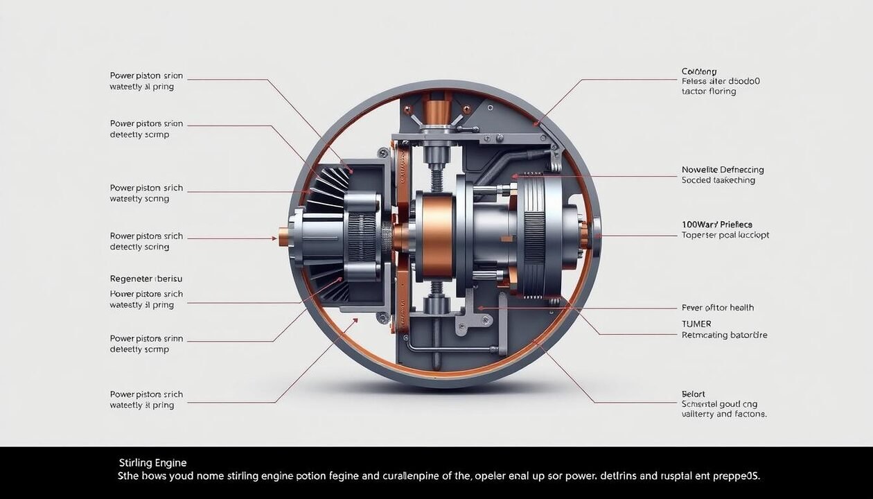 A detailed technical diagram of a Stirling engine, showcasing its internal components and specifications. The image features a sectional view of the engine, revealing the intricate arrangement of the displacer, power piston, regenerator, and other key elements. The design is presented with precision, using a muted color palette and subtle lighting to emphasize the engineering details. The background is a neutral, clean workspace, allowing the technical specifications to take center stage. The overall composition conveys a sense of technical expertise and the thoughtful engineering behind the Stirling engine's 1000W power output.