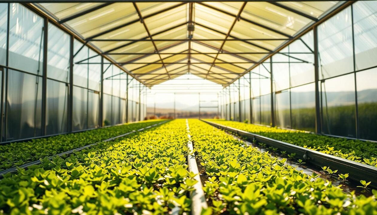 A greenhouse with an abundance of spirulina culture, bathed in warm natural light filtering through the glass panels. The foreground showcases lush, vibrant green spirulina biomass growing in shallow troughs, with gentle ripples reflecting the sunlight. In the middle ground, the greenhouse structure is visible, its steel frame and polycarbonate roof creating a serene and controlled environment. The background features a distant landscape, perhaps rolling hills or a tranquil horizon, emphasizing the harmony between the spirulina cultivation and the natural world. The overall scene conveys a sense of ecological balance, productivity, and the beauty of sustainable food production.