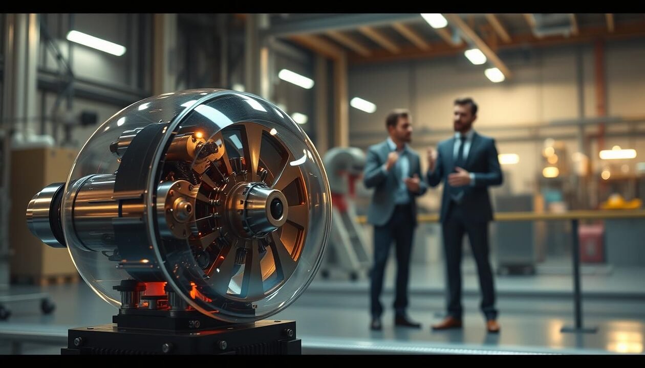 A highly detailed, cinematic illustration of the advantages of a 1000W Stirling engine for businesses. The scene depicts the engine in the foreground, its intricate internal components visible through a transparent casing. In the middle ground, a group of business executives examine the engine, gesturing excitedly as they discuss its benefits. The background features a modern, well-lit industrial setting, hinting at the engine's potential applications in commercial and manufacturing environments. The lighting is crisp and directional, casting dramatic shadows and highlighting the engine's elegant, efficient design. The overall mood conveys a sense of innovation, technological advancement, and the promise of sustainable, cost-effective power solutions for enterprises.