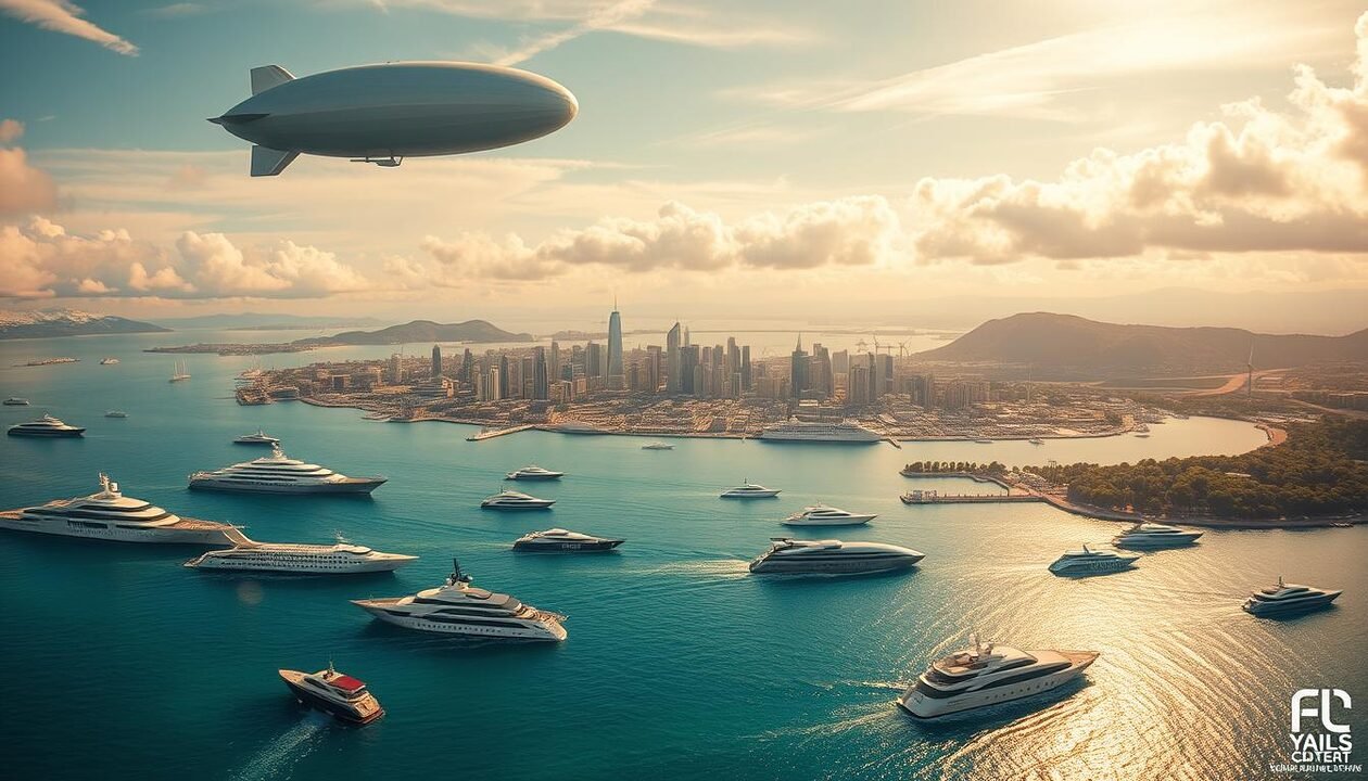 A panoramic, cinematic vista of a global voyage of innovation. In the foreground, a towering zeppelin glides gracefully through wispy clouds, its sleek, aerodynamic hull gleaming in the warm, golden sunlight. Below, an eclectic fleet of futuristic vessels - from solar-powered yachts to hydrofoil catamarans - navigates pristine, azure waters. In the middle ground, a bustling port city rises, its skyline punctuated by gleaming skyscrapers and towering wind turbines. In the distance, snow-capped mountain ranges and lush, verdant landscapes hint at the far-flung destinations of this epic journey. The scene is imbued with a sense of wonder, progress, and a deep reverence for the innovations that are shaping our world.