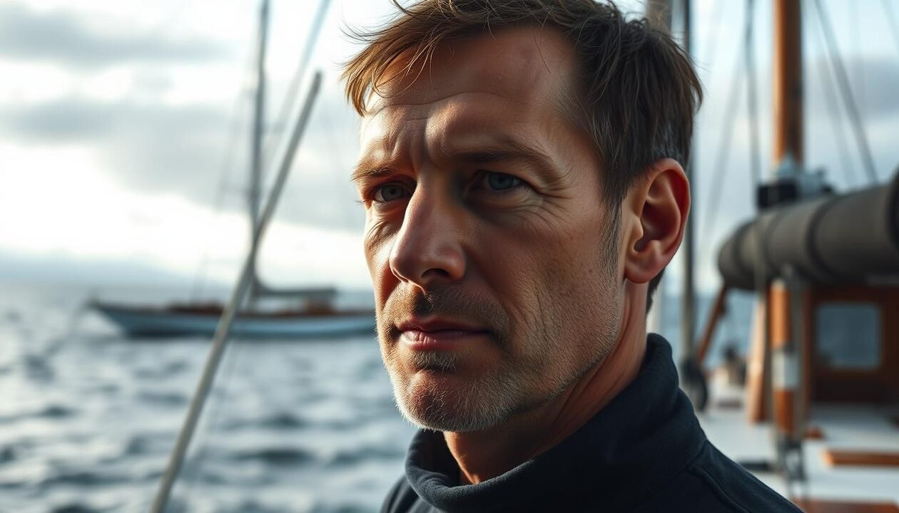A portrait of Corentin de Chatelperron, an innovative marine engineer, standing on the deck of a low-tech sailing vessel. His face is well-lit from the side, casting dramatic shadows that convey his visionary mindset. In the background, the vessel's masts and sails rise against a cloudy sky, hinting at the pioneering spirit of his "Nomade des Mers" project. Corentin's expression is contemplative, his gaze fixed on the horizon, as he ponders the future of sustainable maritime exploration. The overall atmosphere is one of quiet determination, capturing the essence of an engineer whose ideas are reshaping the world of low-tech seafaring.