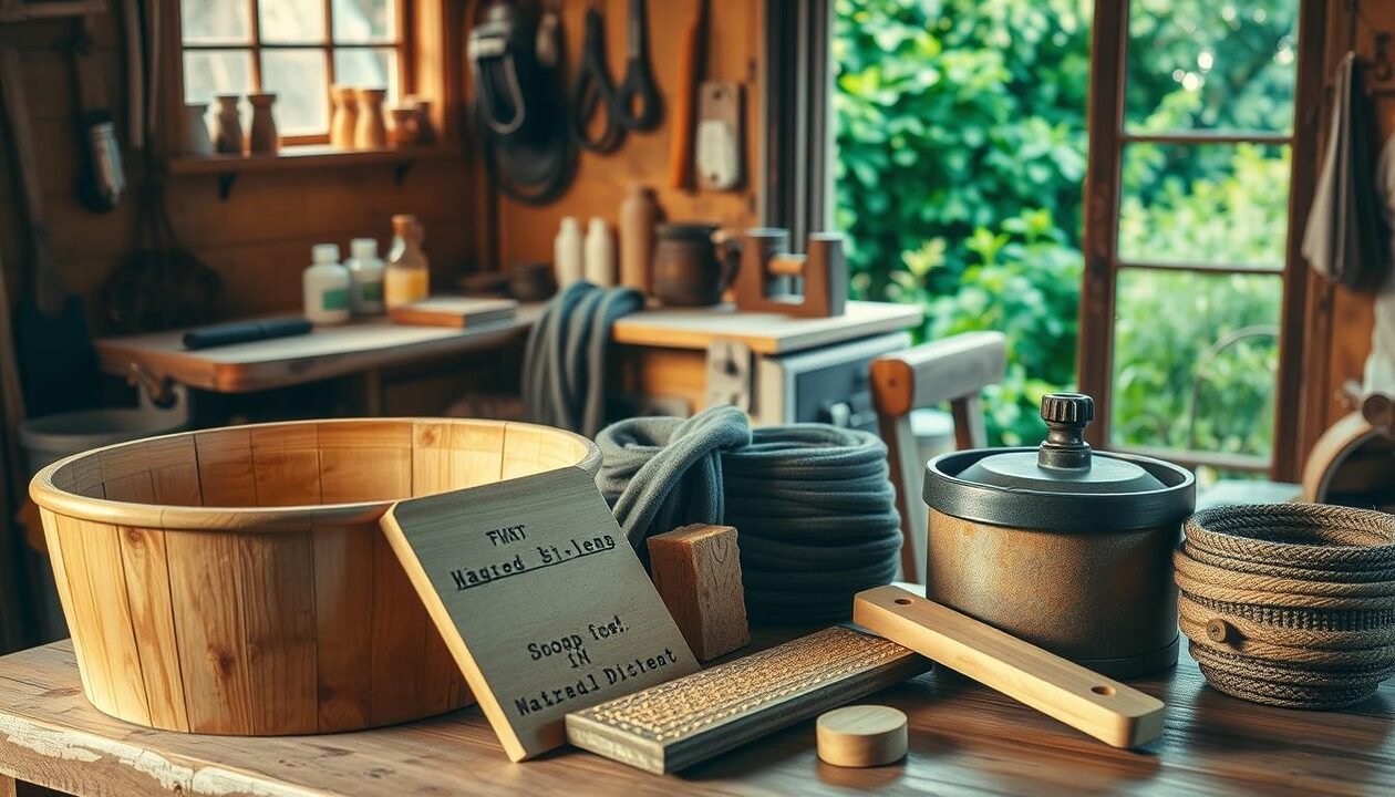 A well-crafted workshop scene showcasing the essential materials for a DIY hand-powered washing machine. In the foreground, a wooden tub, scrub board, and washboard are arranged neatly. In the middle ground, a hand-cranked wringer, hoses, and a collection of natural soaps and detergents are displayed. The background features a rustic workbench with simple tools and a window overlooking a lush, verdant garden. Warm, natural lighting filters through the scene, evoking a cozy, homespun atmosphere. The composition highlights the functional simplicity and sustainable nature of the hand-washing process.