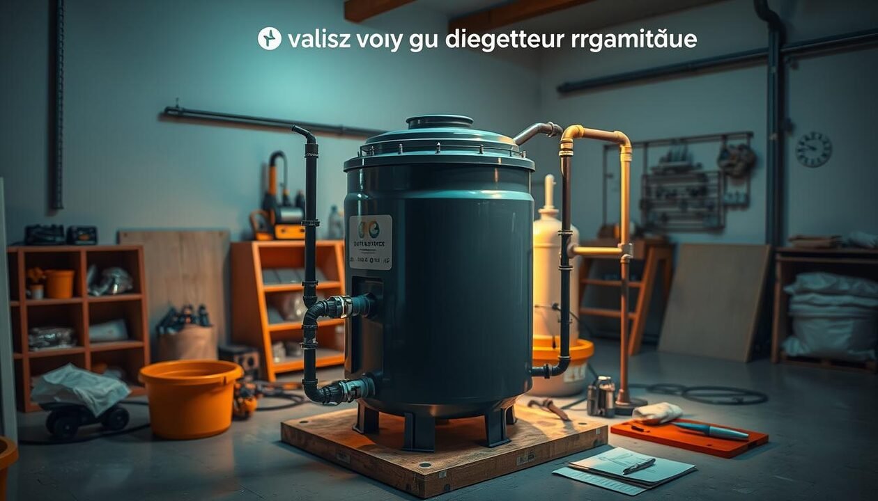 A well-lit, detailed view of a domestic biodigester being assembled, showcasing the process of "test étanchéité" or leak testing. The foreground features the main biodigester unit, with its various components and connections, all rendered in high-resolution photorealistic detail. The middle ground shows the surrounding setup, including any necessary tools, equipment, or accessories required for the assembly and testing. The background depicts a clean, organized workspace, with perhaps a few subtle hints of the "valorisez vos déchets organiques" (valorize your organic waste) concept in the form of neatly arranged waste materials or a related visual cue. The overall scene conveys a sense of precision, functionality, and the importance of the "Étape 2 : Montage du digesteur domestique" (Step 2: Assembling the domestic biodigester) process.